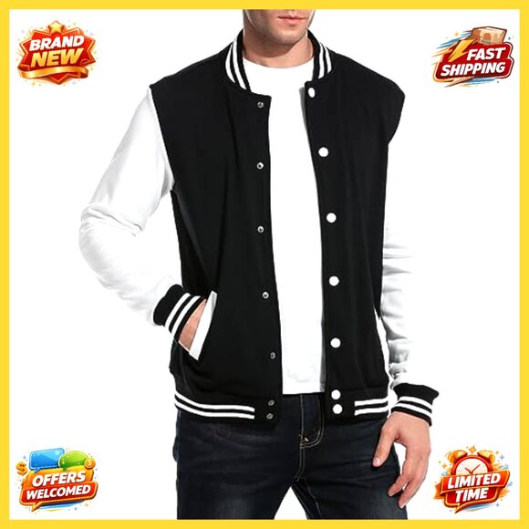 Slim Fit Varsity Jacket Cotton Letterman Baseball Bomber Casual Sporty - Picture 2 of 7